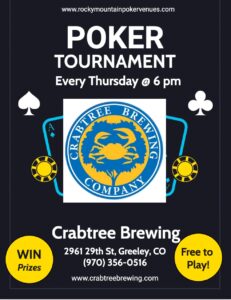 (Greeley) Win bar gift cards and earn bonus chips for the $100 Crabtree Brewing Quarterly Tournament - Rocky Mountain Poker Venues @ Crabtree Brewing Company | Greeley | Colorado | United States